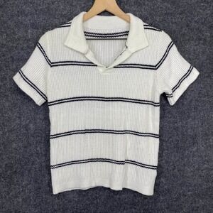 SUMWON White Striped Ribbed Knit Polo Short Sleeve Sweater Small 4417750